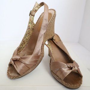 Open Toe Satin Beige / Champagne Color Cork Wedges Size 7